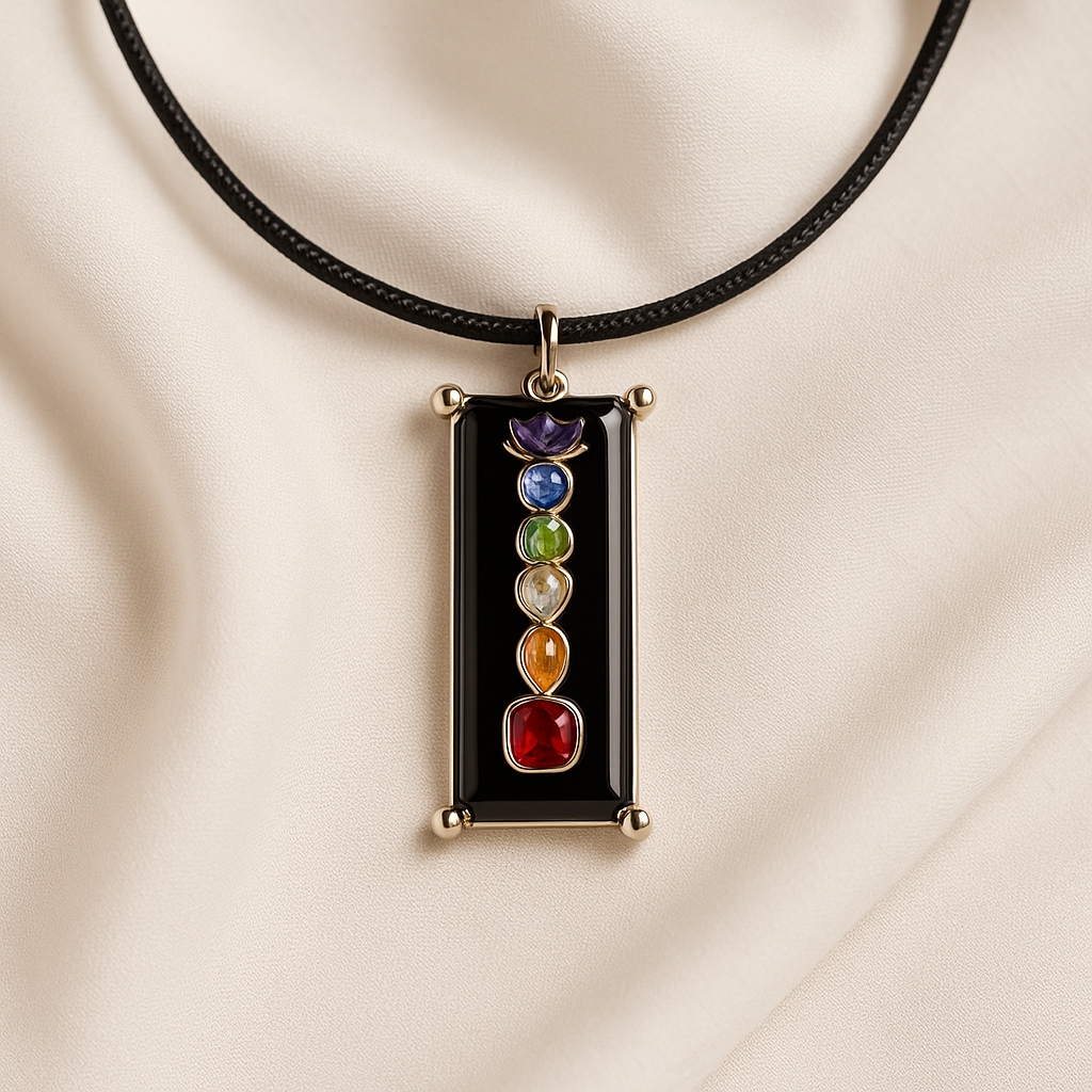 Vibrant Rectangular Chakra Pendant Necklace With Black Cord
